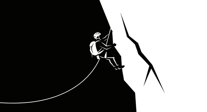 Minimalist black and white illustration of a person rock climbing or rappelling down a steep mountain cliff. Extreme sport and adventure concept.