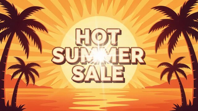 Hot Summer Sale Banner: Vibrant illustration of a tropical beach at sunset, promoting a hot summer sale with palm trees framing a radiant sun and shimmering ocean waves.