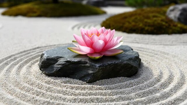 Zen Garden Serenity: A delicate pink water lily rests gracefully on a dark stone, surrounded by meticulously raked sand, embodying the tranquility and balance of a Japanese Zen garden.