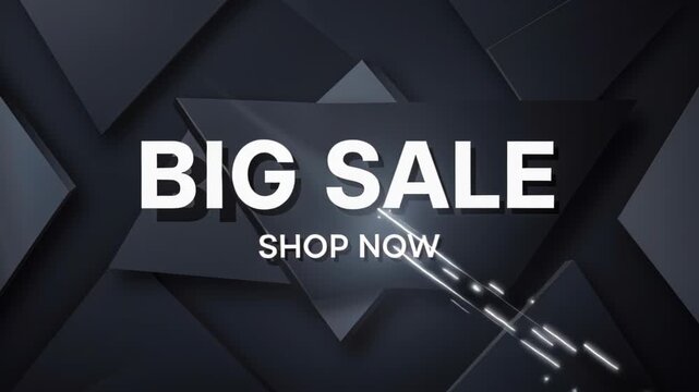 Big Sale Announcement: A bold and modern graphic announcing a big sale with the call to action Shop Now, featuring abstract geometric shapes and dynamic lighting effects.