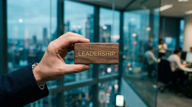 Hand holding wooden block with leadership word
