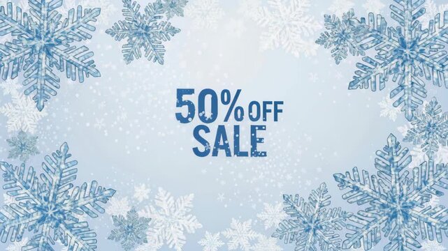 Winter Sale Announcement: A beautiful announcement of a winter sale with 50% off, surrounded by delicate snowflakes and a light snowy background.