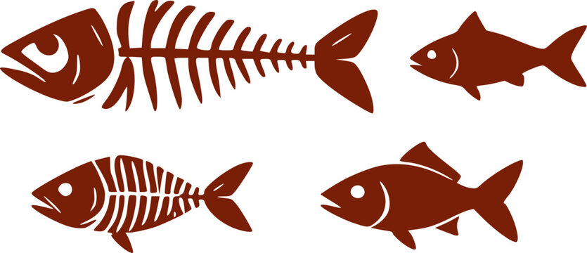 Fish and skeletons Set of fish and fish skeleton silhouettes. Vector icons in tribal tattoo style isolated on white