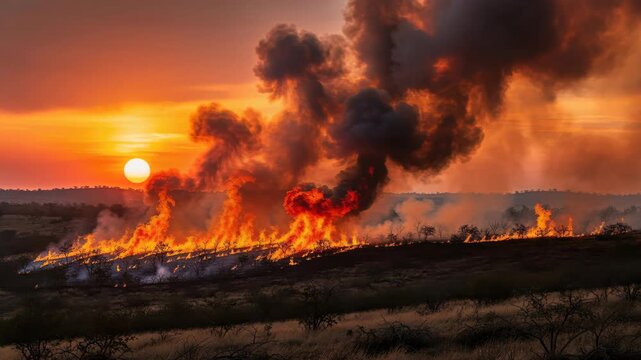 Wildfire Blaze at Sunset: A devastating wildfire rages across the landscape, illuminated by the dramatic hues of a setting sun, with thick plumes of smoke billowing into the sky.
