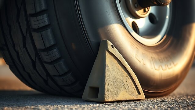 chock. Extreme close-up of a heavy rubber wheel chock positioned against an aircraft tire. mobility guides, transit brochures, designed for mobility and urban transit guides.