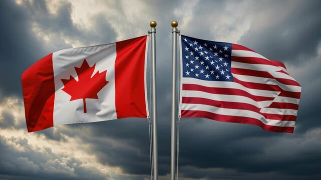 Canada and USA Flags: Two national flags, one of Canada and the other of the United States, stand side-by-side on flagpoles under a dramatic, cloudy sky.