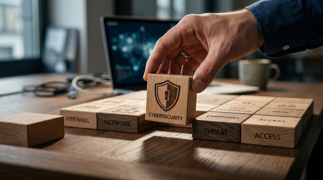 Hand placing cybersecurity shield block on wooden table