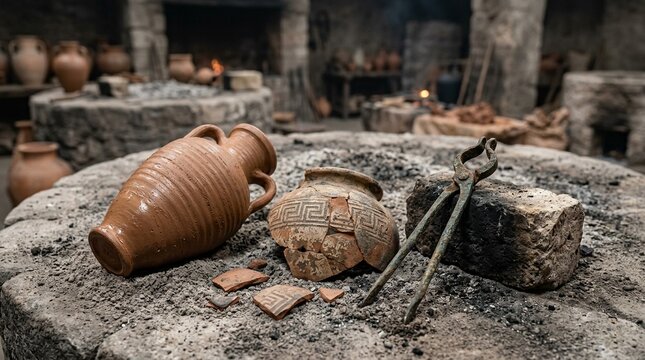 Broken ancient clay pottery and tools on stone surface in