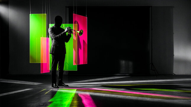 Silhouette of a man playing trumpet in a studio with colorful light panels and dramatic shadows