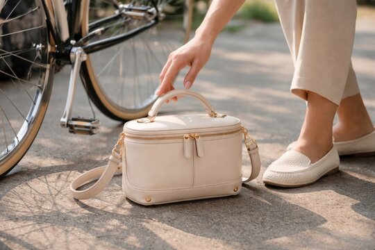 Elegant handbag beside bicycle.