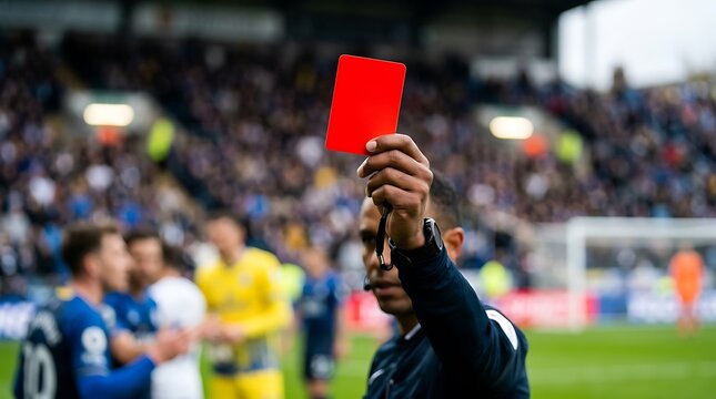 Referee holding up a red card during a soccer match with players in background