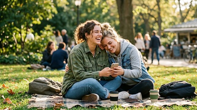 Two young women sitting on a blanket in a park looking at a phone
