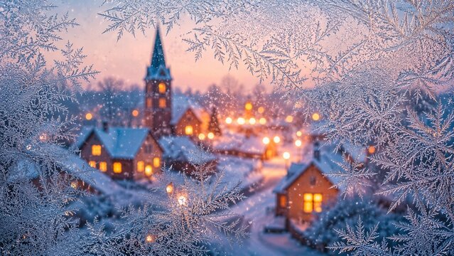 Winterliches Dorf mit Kirche hinter kunstvollen Eisblumen am Fenster. Romantische Weihnachten mit verschneiten H&auml;usern, warmen Lichtern und festlicher Abendstimmung.