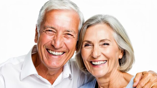 A Joyful Embrace: A happy elderly couple shares a warm embrace, their faces beaming with genuine smiles, radiating a sense of enduring love and contentment.