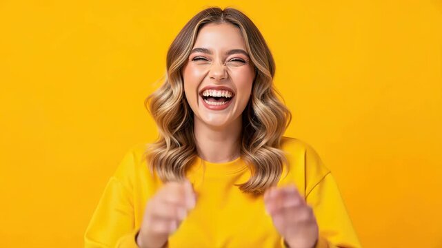 Joyful Laughter: A young woman with a radiant smile bursts into laughter, her eyes crinkling and hands outstretched in a moment of pure, unadulterated happiness against a vibrant yellow background.