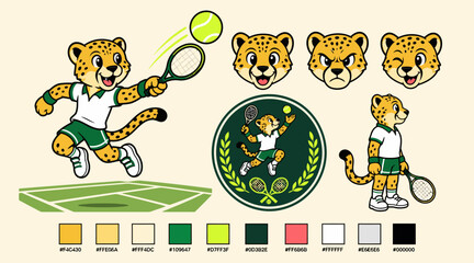 Cartoon Cheetah Playing Tennis with Racket and Ball. © creative