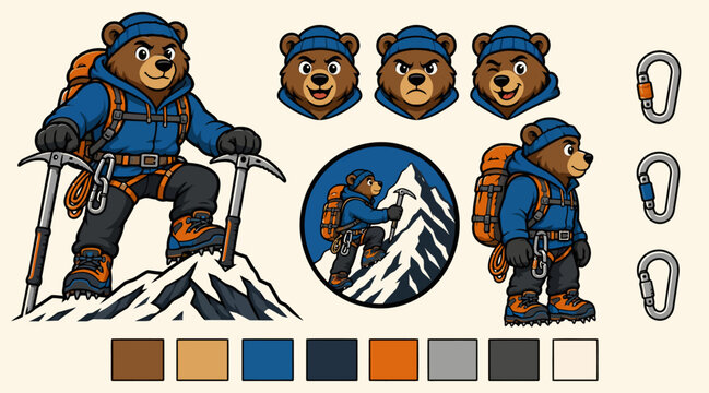 Cartoon Bear Climbing Mountain with Gear and Accessories.