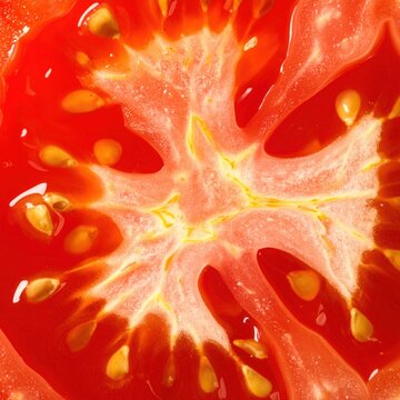 Extreme macro closeup of ripe red tomato interior slice showing juicy pulp, natural seed pattern, healthy food textures