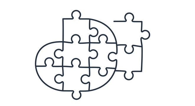 Outline of connected puzzle pieces forming a circular shape, problem-solving concept, isolated white background
