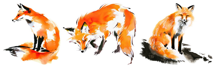 Obraz premium PNG Watercolor foxes art print on transparent background