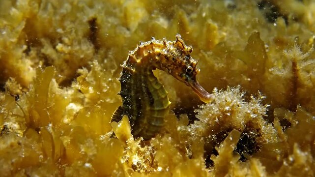 Seahorse Camouflaged Among Yellow-Brown Seaweed in Slow Motion Underwater Footage of Marine Life