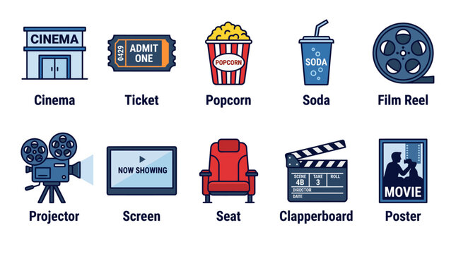 Colorful flat design movie theater icons set.