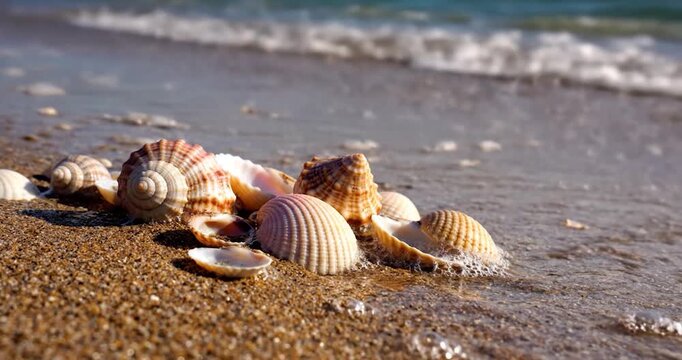 Sea shells resting on wet sand while ocean waves wash over the shore