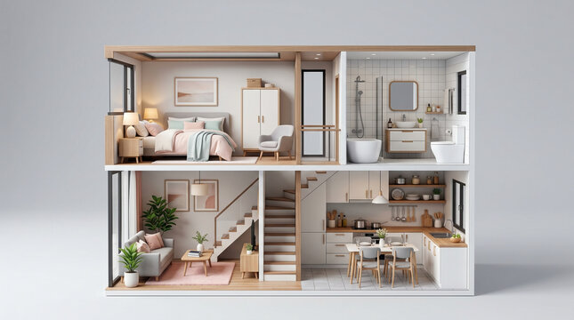 Modern Miniature Dollhouse with Detailed Interior Rooms and Stylish Furniture Layout