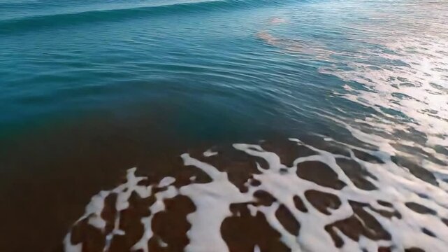 Ocean Wave Crest: A dynamic close-up captures the mesmerizing texture of an ocean wave cresting onto a sandy shore, with delicate foam patterns forming against the dark wet sand.