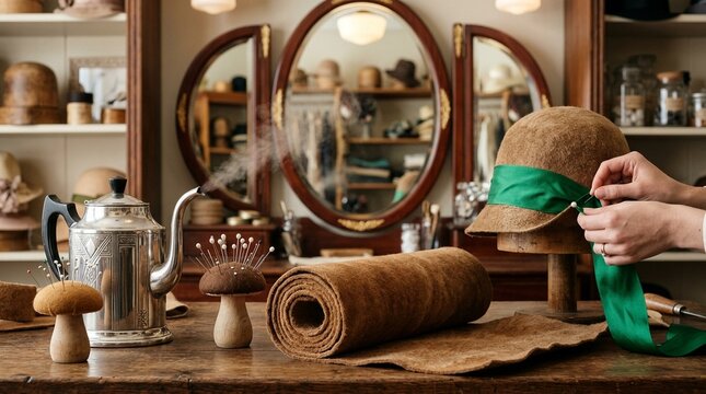 Hatter's workspace with mushroom decor and green ribbon hat