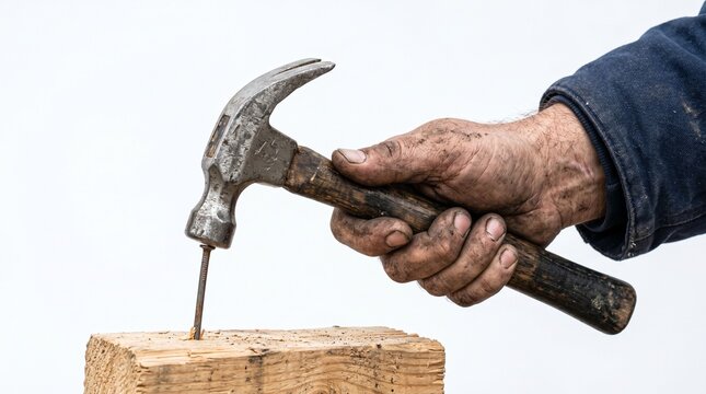 A close up view of a dirty hand hammering a nail into a piece of wood.