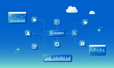 Naklejka premium Abstract concept of an AI agent connecting various digital services and data streams.