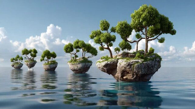Floating Island Oasis: A surreal landscape featuring a series of small, lush islands, each adorned with trees, seemingly floating on calm.