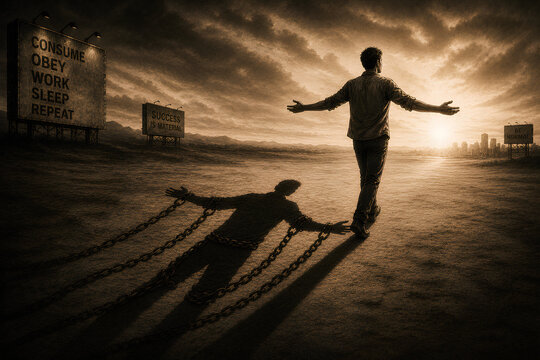 Man Walking Freely as His Shadow Reveals Chains, Symbol of Hidden Oppression and Illusion of Freedom Concept