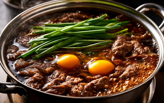 Close-up of Japanese hot pot with raw beef slices and two whole eggs in simmering broth. Green scallions add color to this Asian comfort food dish