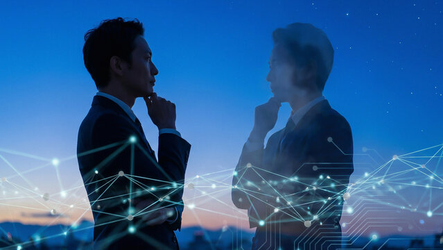 Twilight silhouettes of two businessmen in thinking pose with glowing network constellation overlay Toward intelligence Perfect for advertising corporate strategy presentation