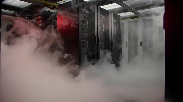 Thick white smoke billows through a modern data center server room during a critical hardware failure or fire suppression system activation with red emergency lights flashing