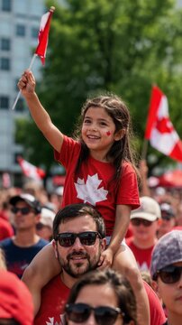 Canada day celebration with happy child holding Canadian flag, summer outdoor festival, patriotic crowd gathered, red and white attire, national pride, festive atmosphere, joyful public event