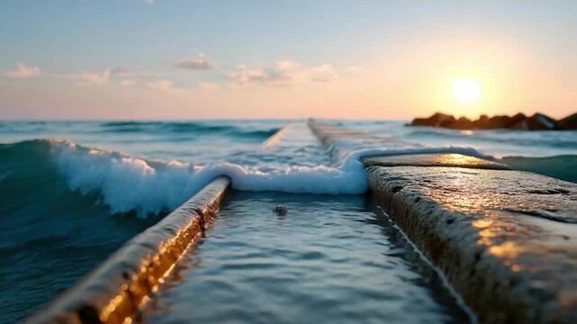 Sunrise on the Pier: A tranquil scene unfolds as the sun rises over the ocean, casting a golden hue on the waves lapping against the pier. The gentle surf creates a peaceful atmosphere.