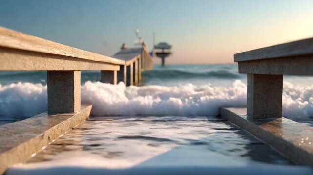 Ocean Pier at Sunrise: A picturesque wooden pier stretches out into the calm ocean at sunrise, with gentle waves lapping at the shore, creating a serene and tranquil atmosphere.