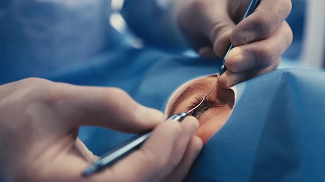 Surgeon performing delicate eye surgery with precision instruments, focusing on the eyelid and eyelashes, in a sterile medical environment with blue drapes and surgical tools