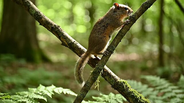 Squirrel-Like Dormouse Climbing A Thin Branch In Lush Woodland Foliage, Capturing Wildlife's Charm And Natural Beauty