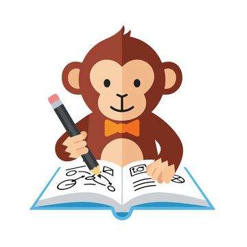 A smart brown cartoon monkey wearing an orange bowtie is holding a pencil and sketching complex diagrams in an open notebook.