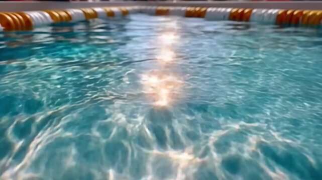 Swimming Pool Lanes: The crystal clear water of a swimming pool, marked by lane ropes and reflecting light, invites a refreshing dive.