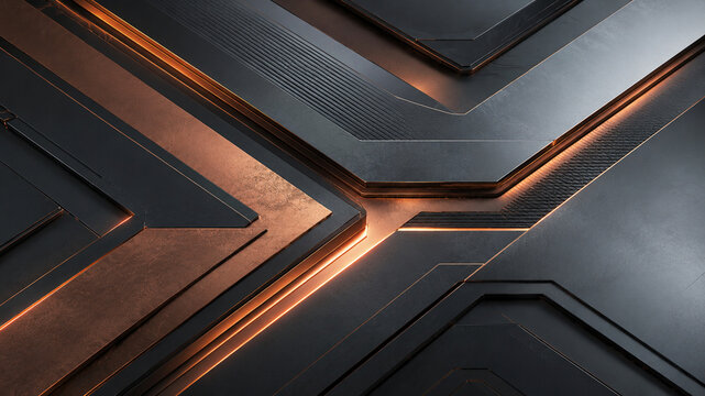 Architecture m&eacute;tallique futuriste en profondeur avec lueur orange