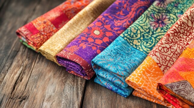 Colorful, folded textiles arranged on a wooden surface.  Intricate patterns and vibrant colors