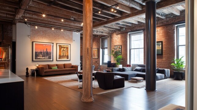 Open-plan loft interior with exposed brick, beams, and columns