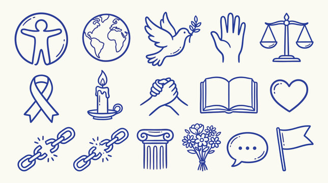 Collection of icons representing human rights, peace, justice, and social causes.