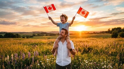 Happy canada day celebration with family in a beautiful field at sunset