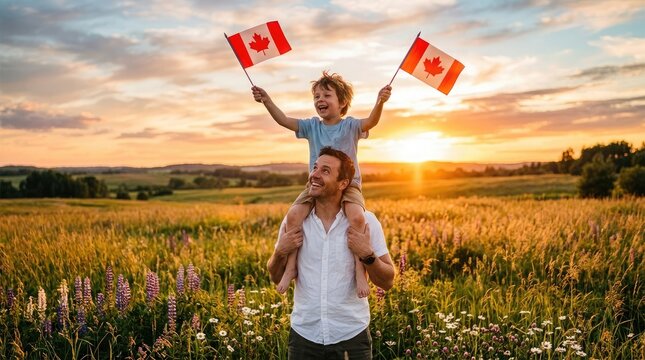 Happy canada day celebration with family in a beautiful field at sunset